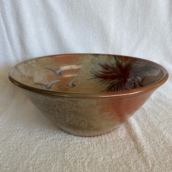 Studio Pottery Large Hand Thrown Bowl Tropical Palm Trees Bird Mixing Decor - Picture 4 of 10